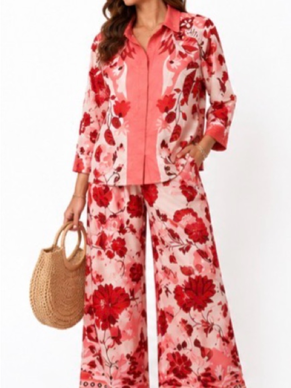 Halfheart NWOT Floral Wide Leg Pants Set Coral Red Cream Size M